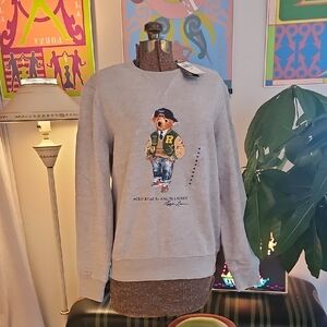 New with Tags Polo Ralph Lauren Grey Sweatshirt Varsity Teddy Bear Mens Med NWT